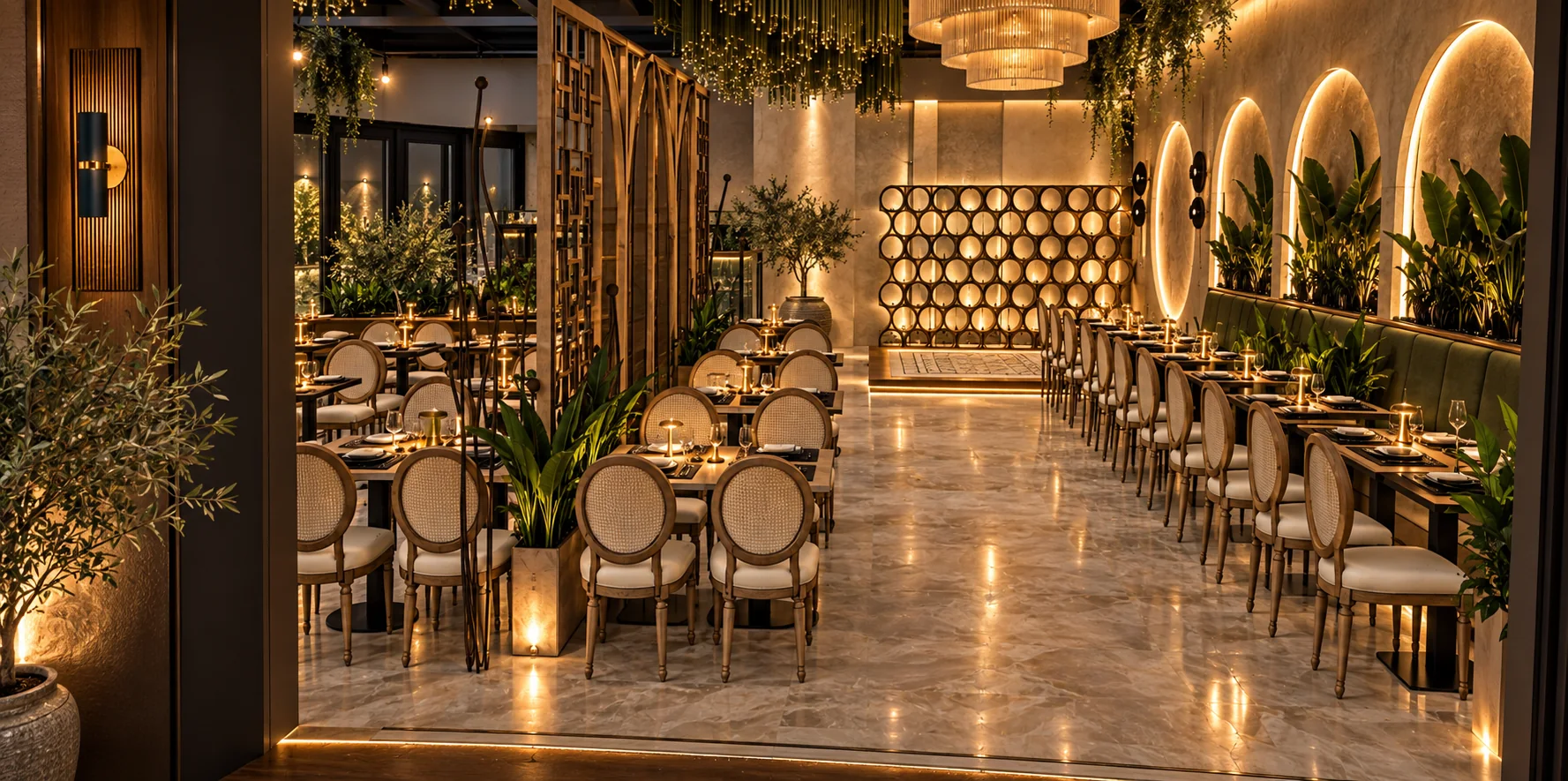 Prikaz elegantnog restoranskog enterijera sa toplim osvetljenjem, prirodnim materijalima i zelenilom
